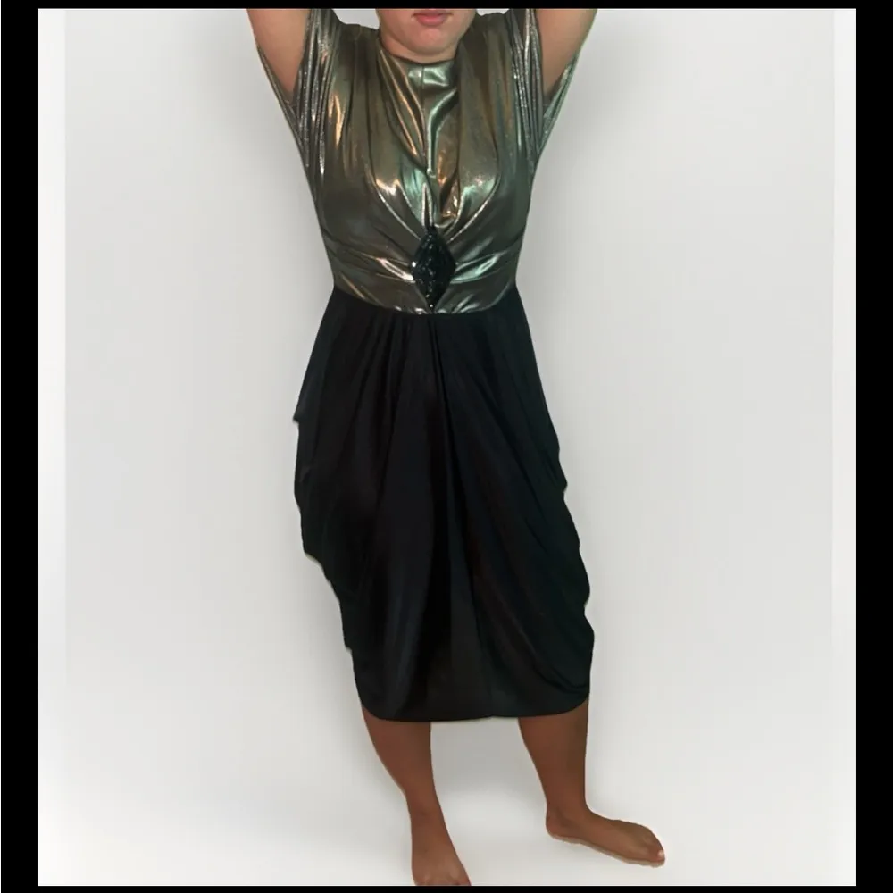 VTG 80s Indie Sleaze Art Deco Disco Silver & Over Drop Jersey Party Dress 12 Black Size 10 - Image 14