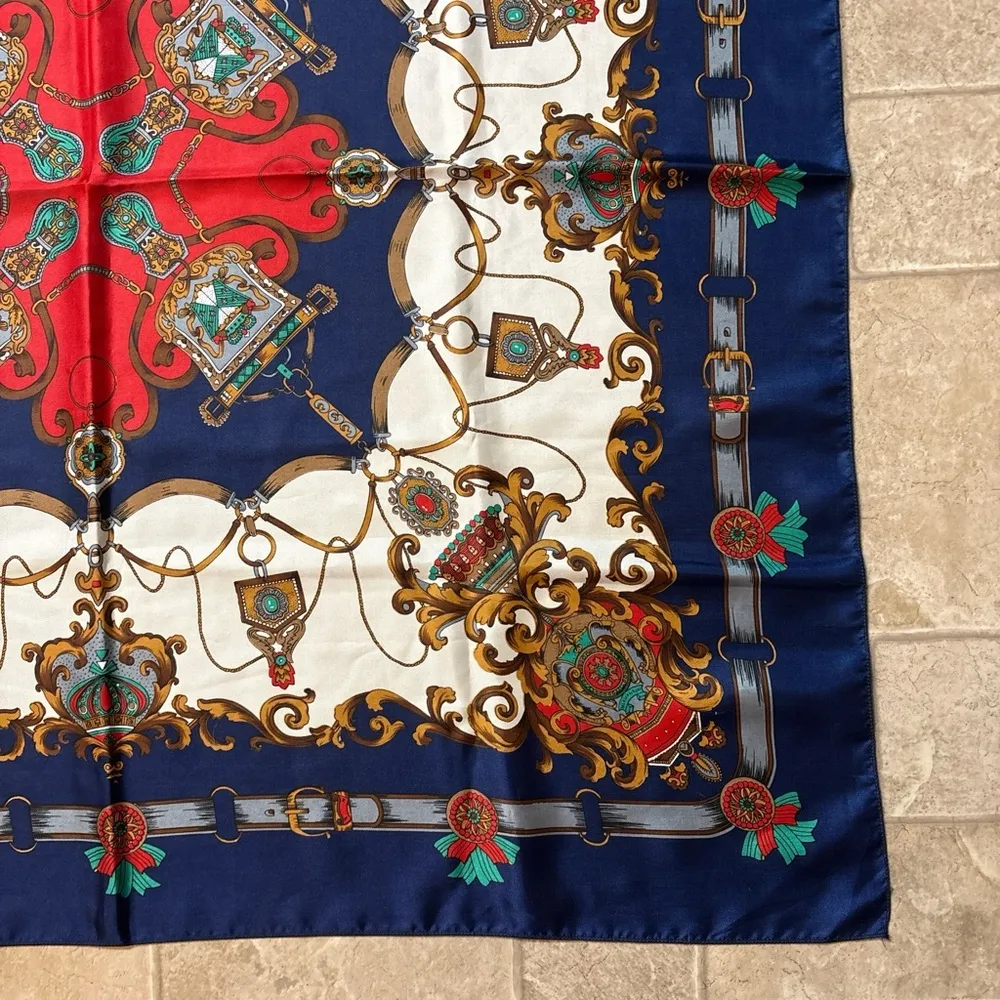 Ornate Scarf Jewel Tones Crown Chain Crest Square Polyester Vintage 35in - Image 2