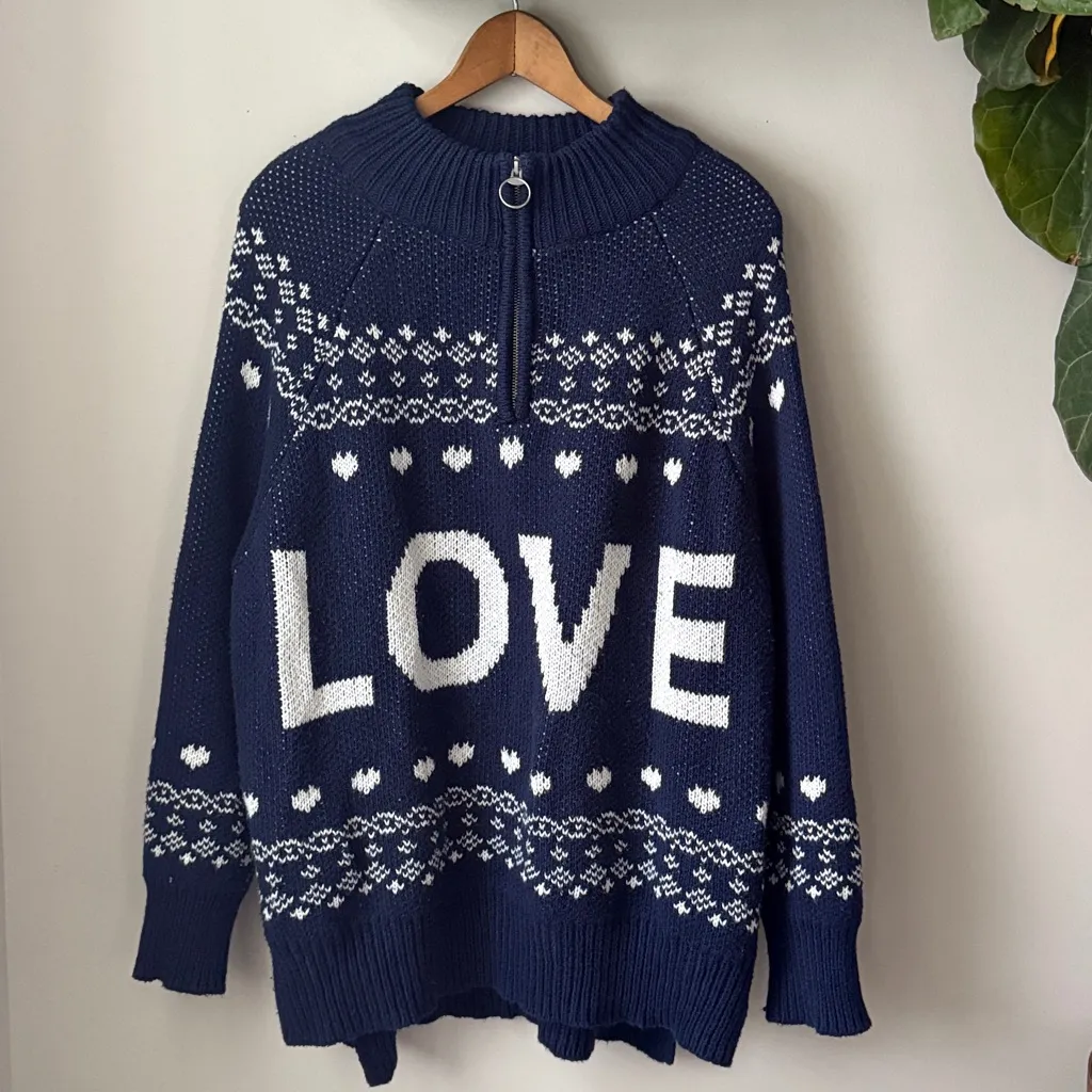 Aerie Festive Feels Quarter Zip Sweater Blue LOVE Cozy Cabin Isle Knit Pullover - Image 4