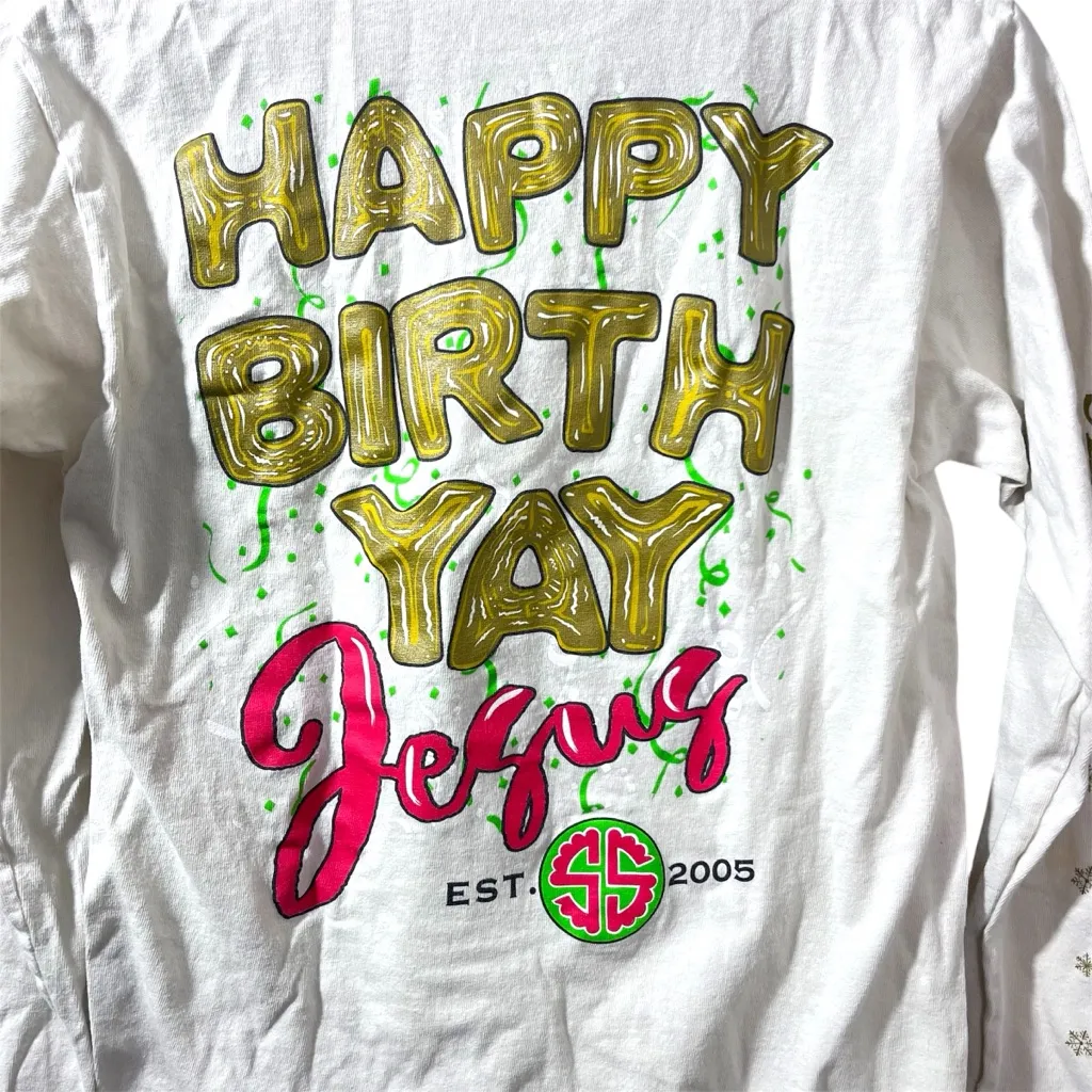 Simply Southern Beige Long Sleeve Shirt “Happy Birth Yay Jesus” Size S - Image 2