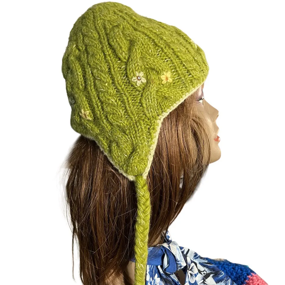 EVEREST Green Wool Hat Braids Fleece Cable Knit Flowers Trapper Hat One Size - Image 3