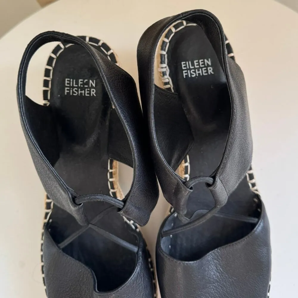 NWOT Eileen Fisher Black Leather Agnes Espadrille Wedge Sandal Women's Size 9 - Image 5