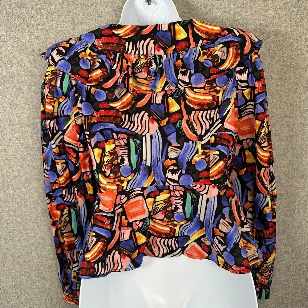 Vestique Women Small Blouse Top Wrap Tie Colorful V-Neck Ruffle Neck Geometric - Image 3