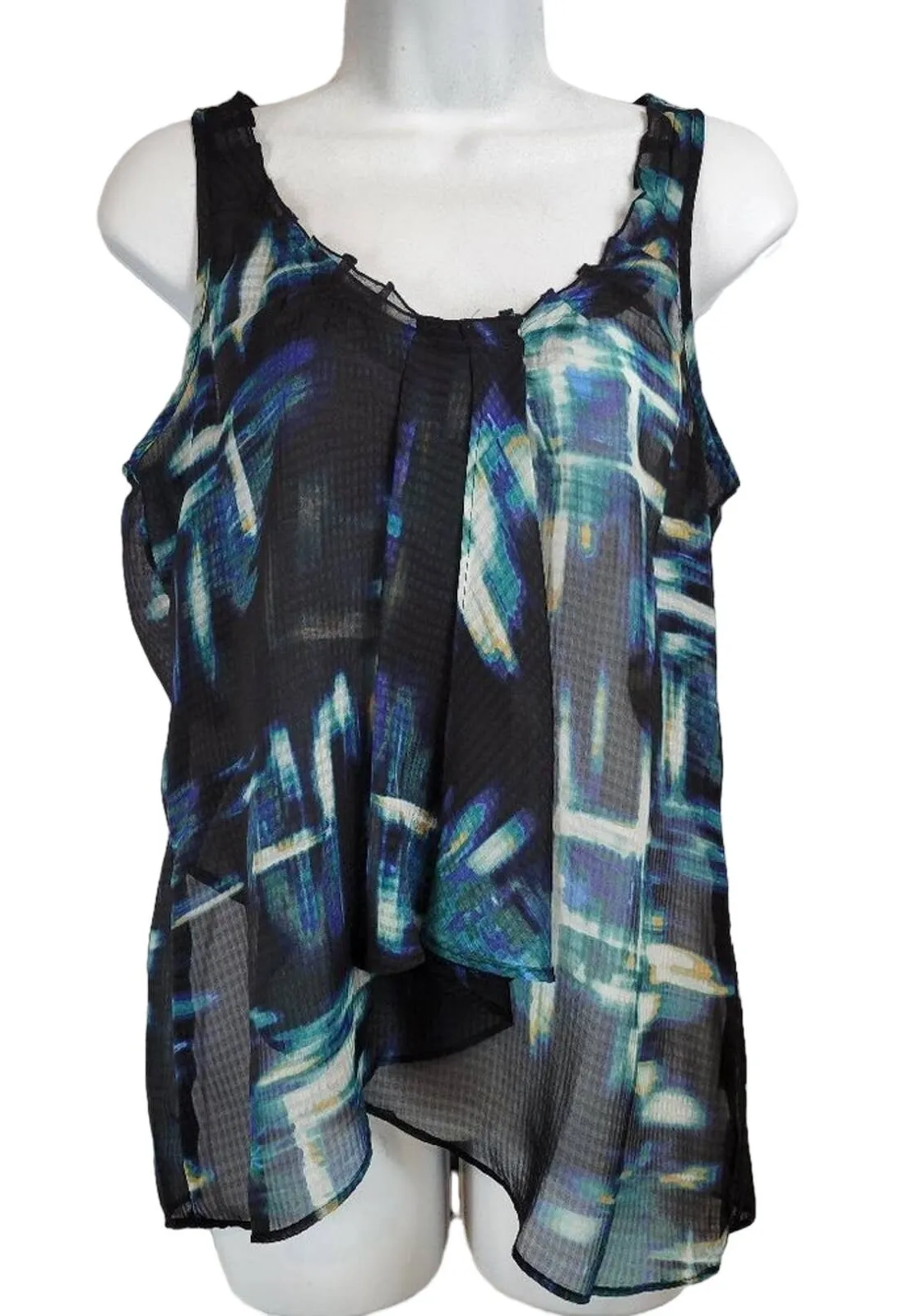 Apostrophe M Black Blue Green Abstract Print Sleeveless Ruffle Trim Tank Top - Image 1