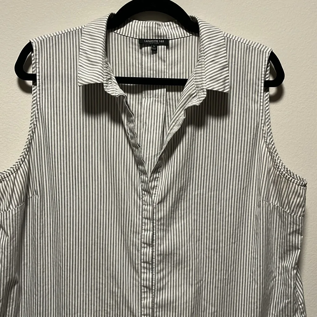 LAFAYETTE 148 Blue and White Stripe Sleeveless Blouse, Embroidered Hem, Size L Size L - Image 3