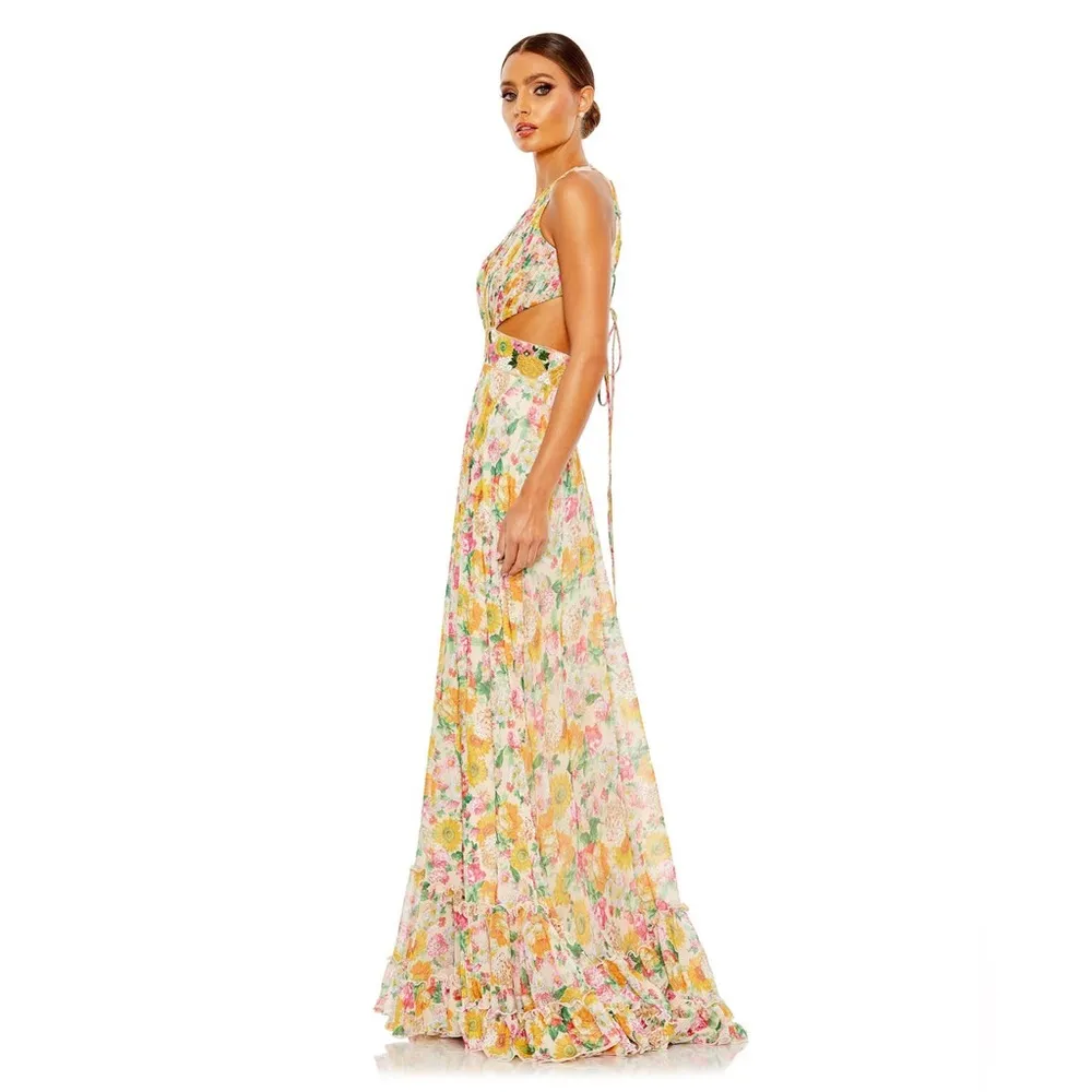 MAC DUGGAL Nude Multi Floral Print Cut Out Lace Tiered Gown - Image 2