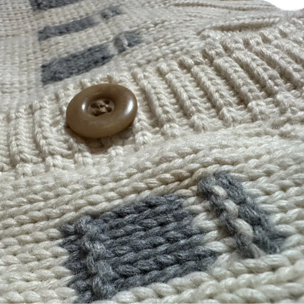 Sundance Cream Grey Checker Board Button Front Cardigan Lambswool Blend Large Gray - Image 10