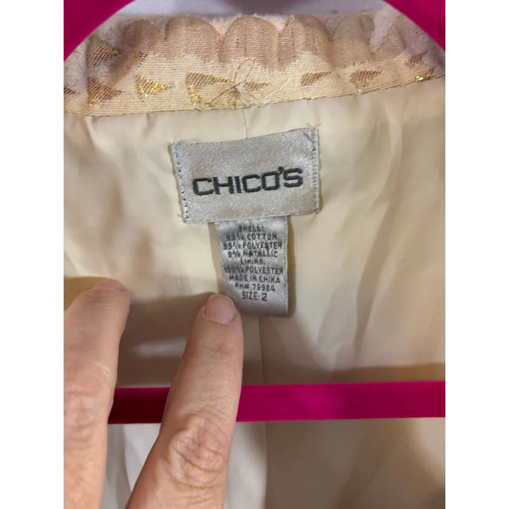 Women's Chico's Beige Gold Metallic Quilted Blazer Jacket Size 2 - Image 3