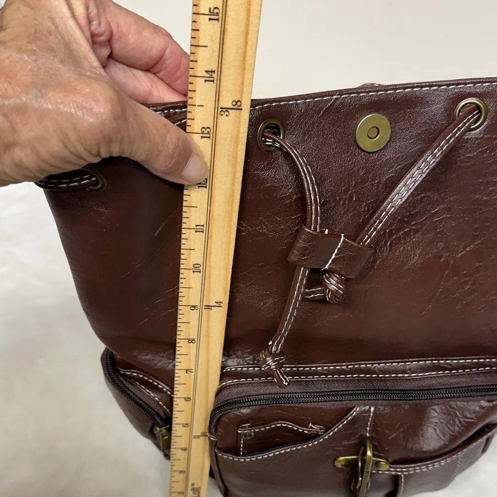 Vintage Yongle Drawstring Backpack with many pockets unisex Brown - Image 9