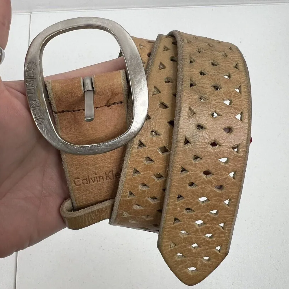 Calvin Klein Size L Belt Leather Beige Perforated Silver Tone Buckle Vtg Women’s - Image 2