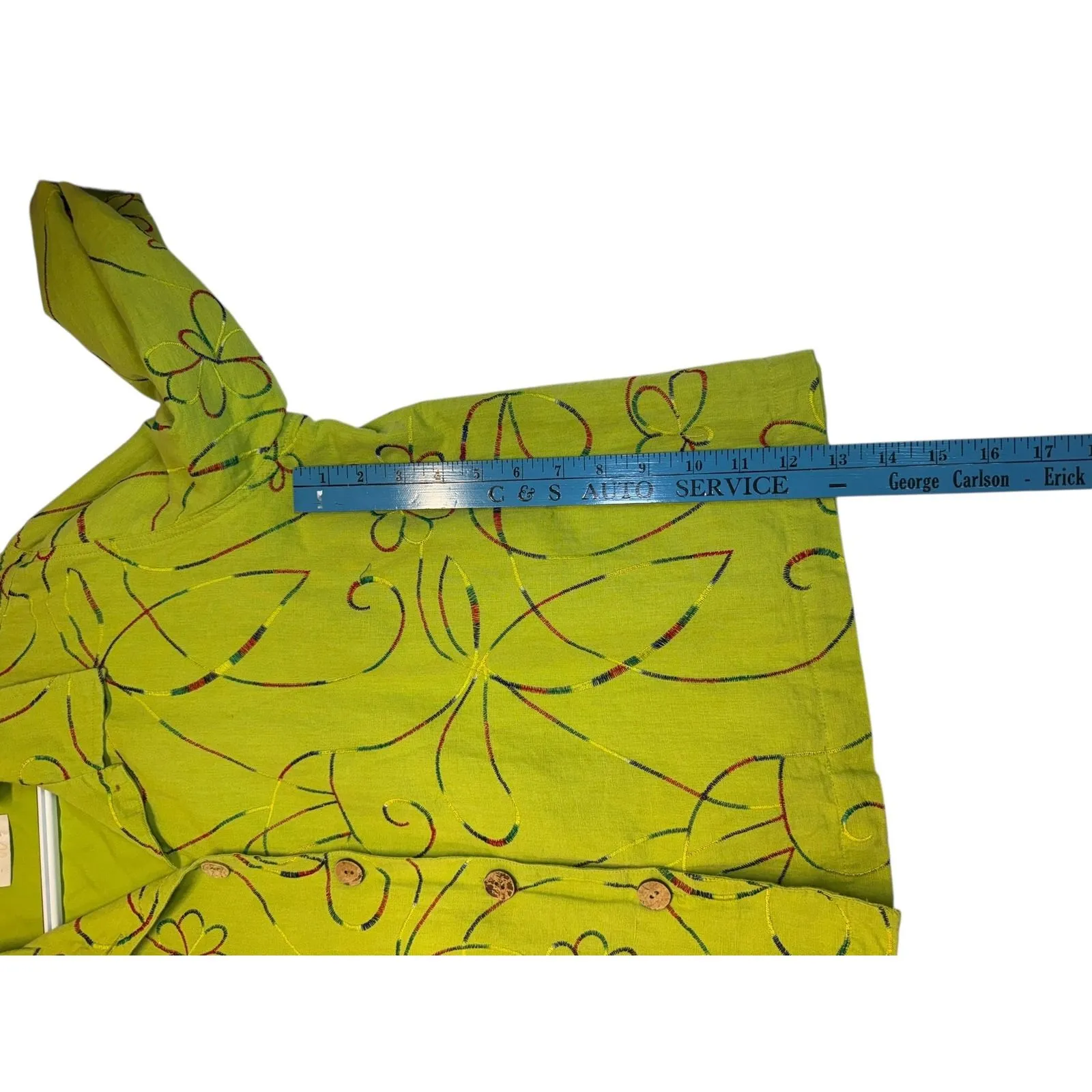 Vintage 90s Lime Green Linen Embroidered Floral Jacket Retro Light Happycore XL - Image 8