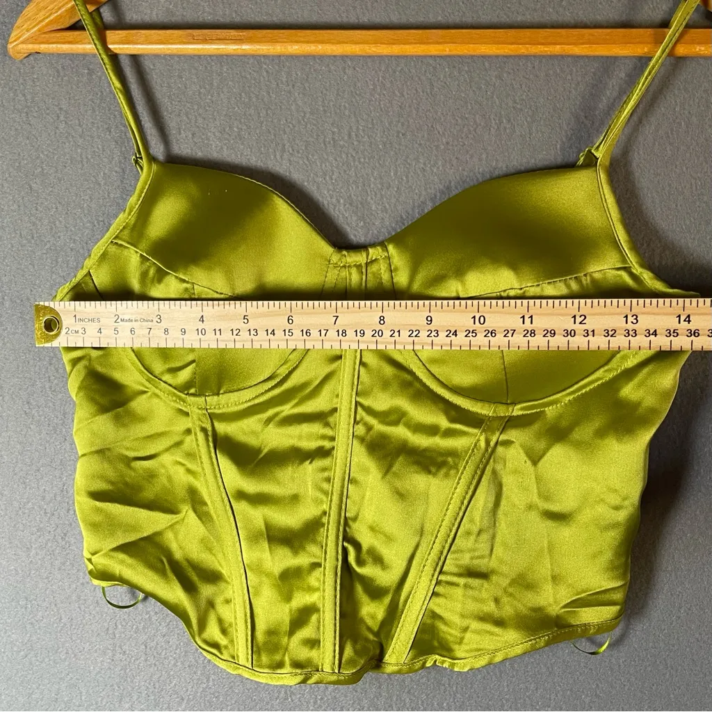 NWT Sincerely Jules Chartreuse Green Satin Corset Smocked Back Crop Top S Y2K - Image 5