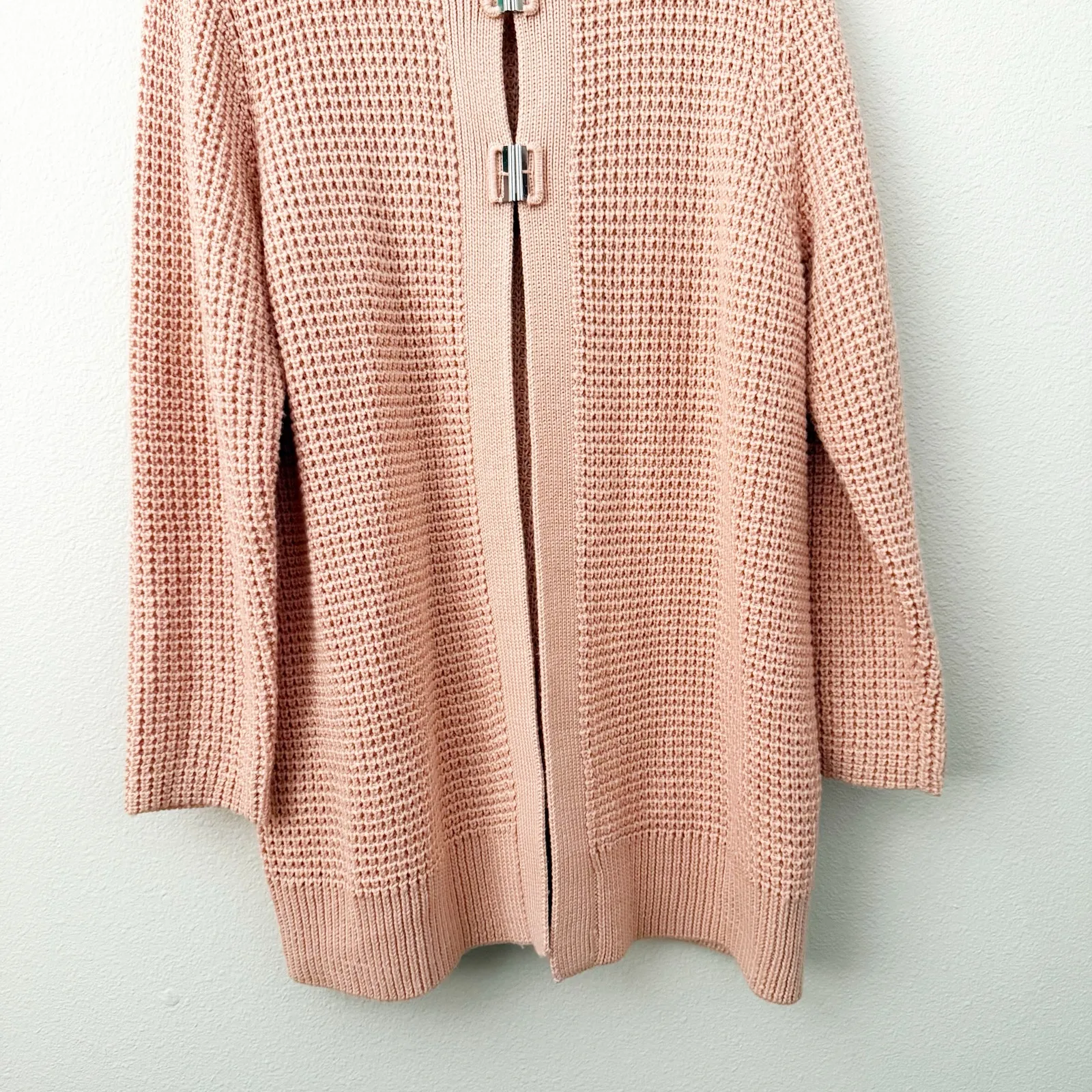 CHICO'S | Peach Pink Light Coral Duster Long Line Sweater Metal Hooks | 3, XL - Image 4