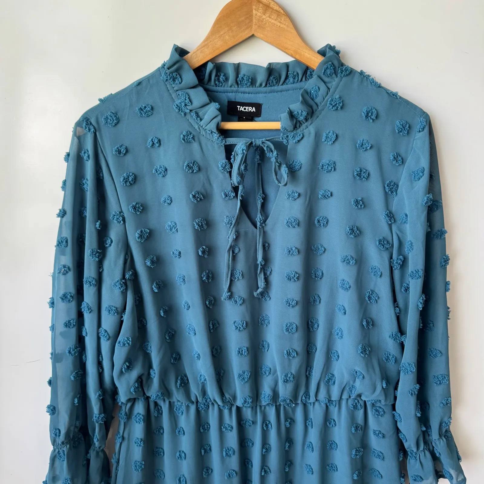 Tacera Mini Dress Ruffle Neck Long‎ Sleeve Pom Dot Teal Blue Size L - Image 6