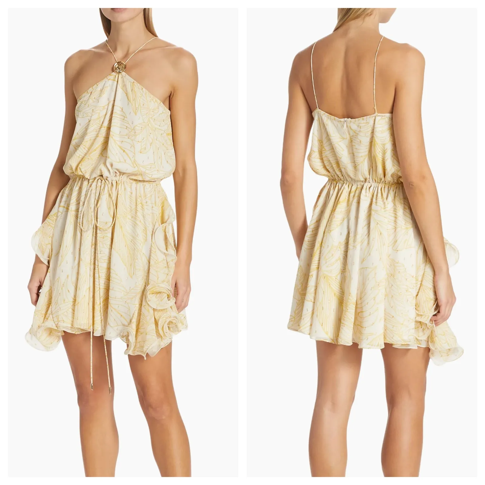 ALEXIS Mini Dress Asia Butter Yellow Georgette Halter Ruffle Trim Rosette - Image 2