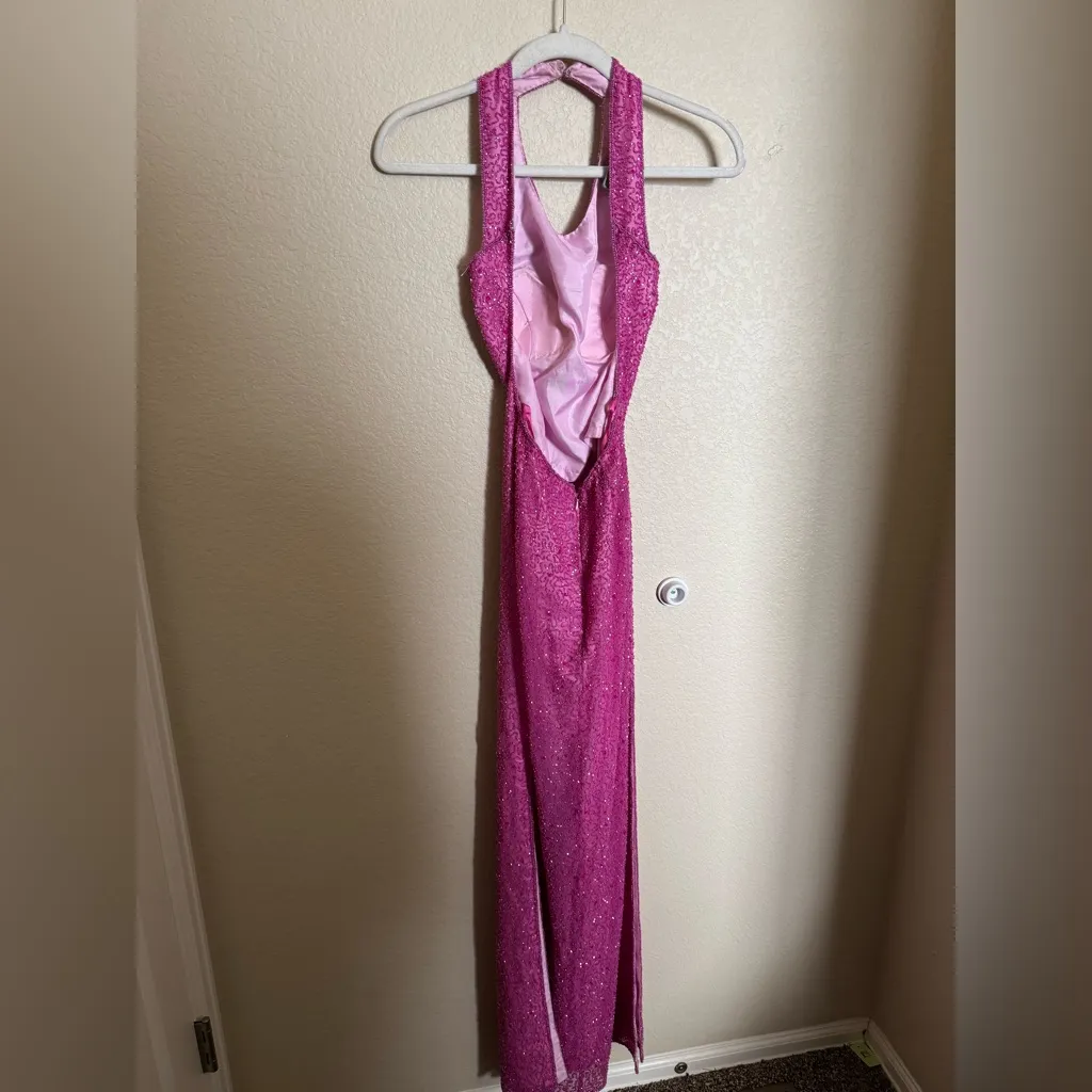 Vintage Y2K Scala Silk Beaded Formal Prom Gown Sz XS in Pink‎ Open Low Back - Image 3