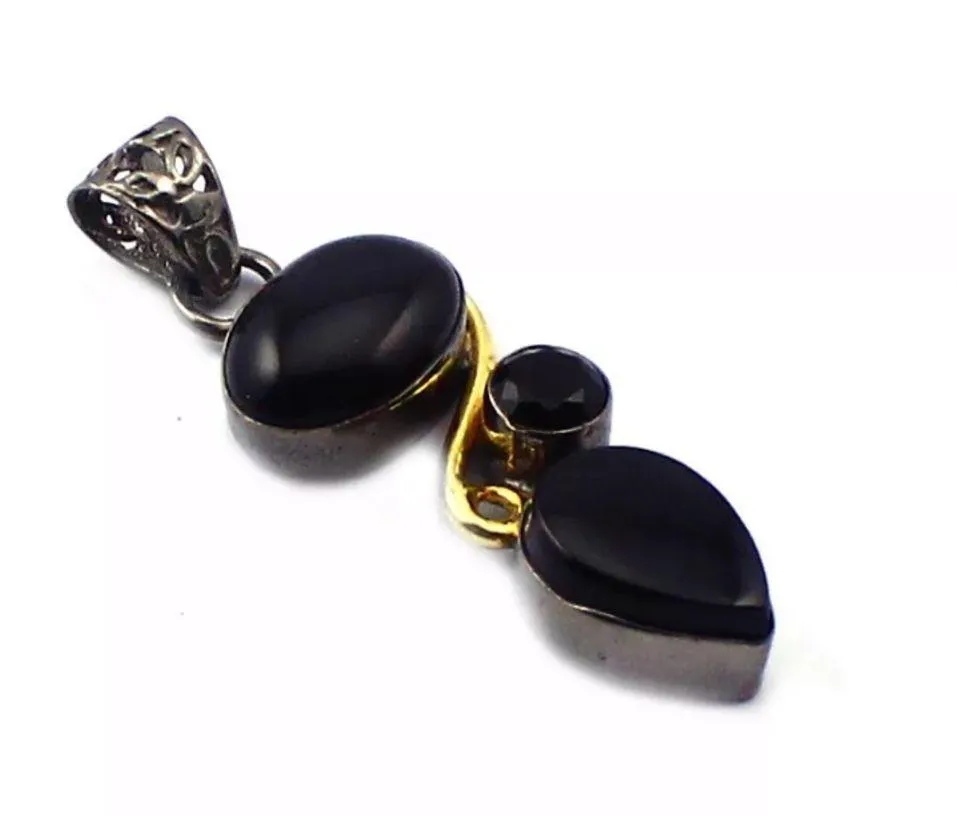 Cute Black onyx Rhodium Necklace w GF yellow chain - Image 3