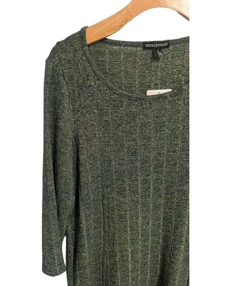 Nina Leonard Maxi Dress Womens Large Green Gold Flecked Ribbed 3/4 Sleeve A Line - Image 2