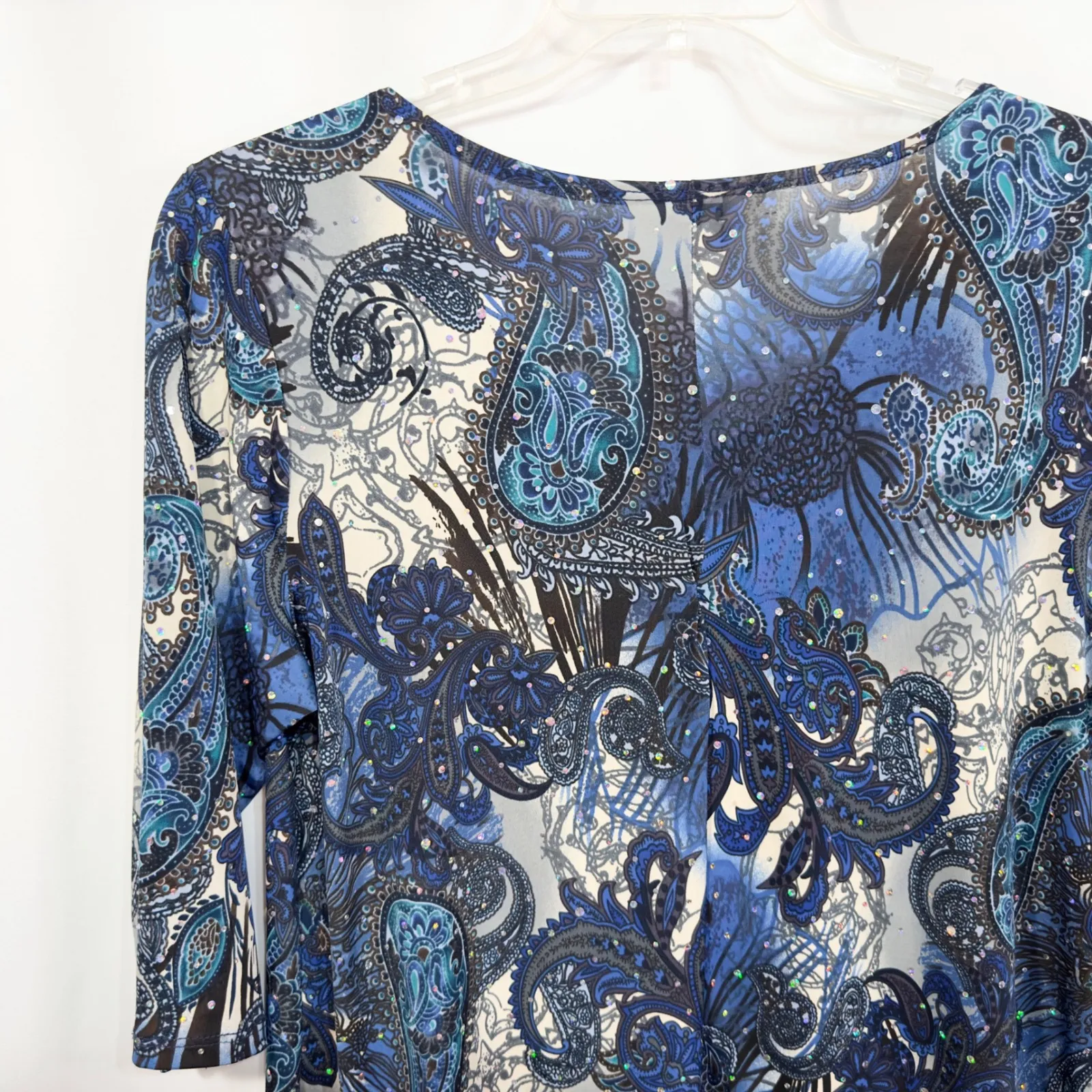 K.E.R.E.N Hart Plus Size 1X Top Paisley‎ Blouse 3/4 Sleeve Beaded Sequins 1604 Blue - Image 9