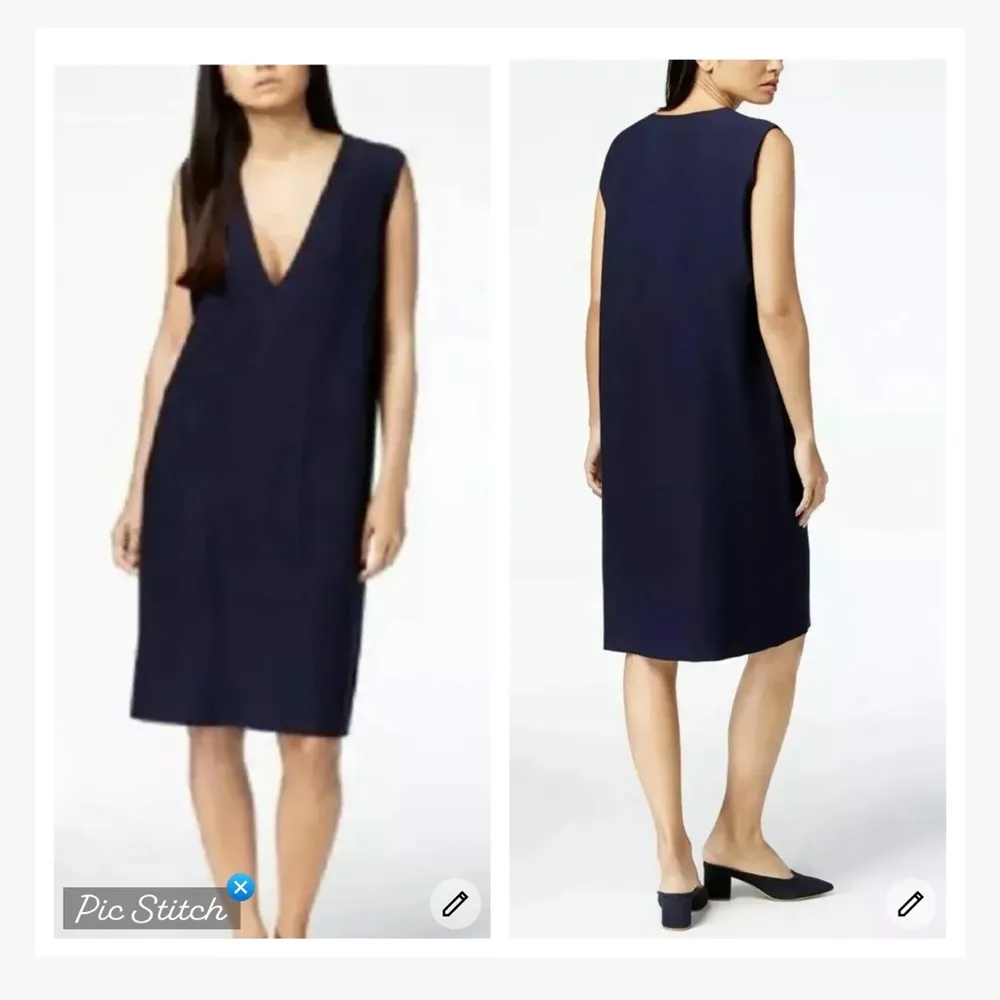 Eileen Fisher Midnight V Neck K/L Crepe Tencel Dress - Image 4