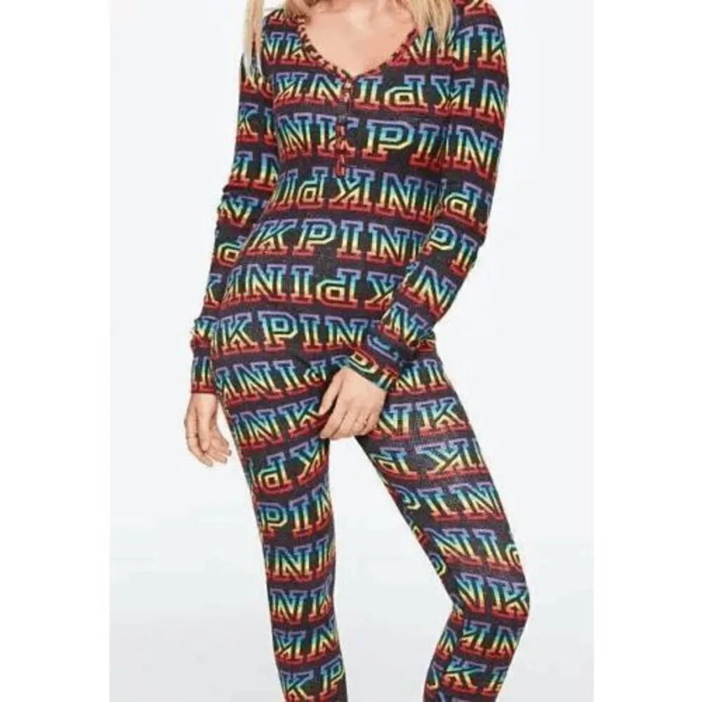 PINK Victorias Secret Rainbow Logo One Piece Pajama Romper Medium - Image 8