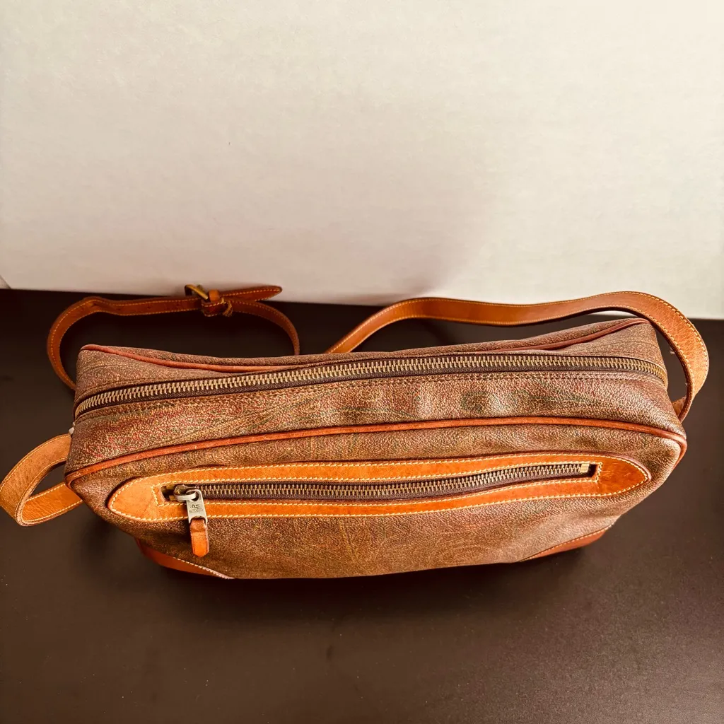 ETRO Red Paisley Crossbody Messenger Shoulder Bag Leather Coated Canvas ITALY Brown - Image 7