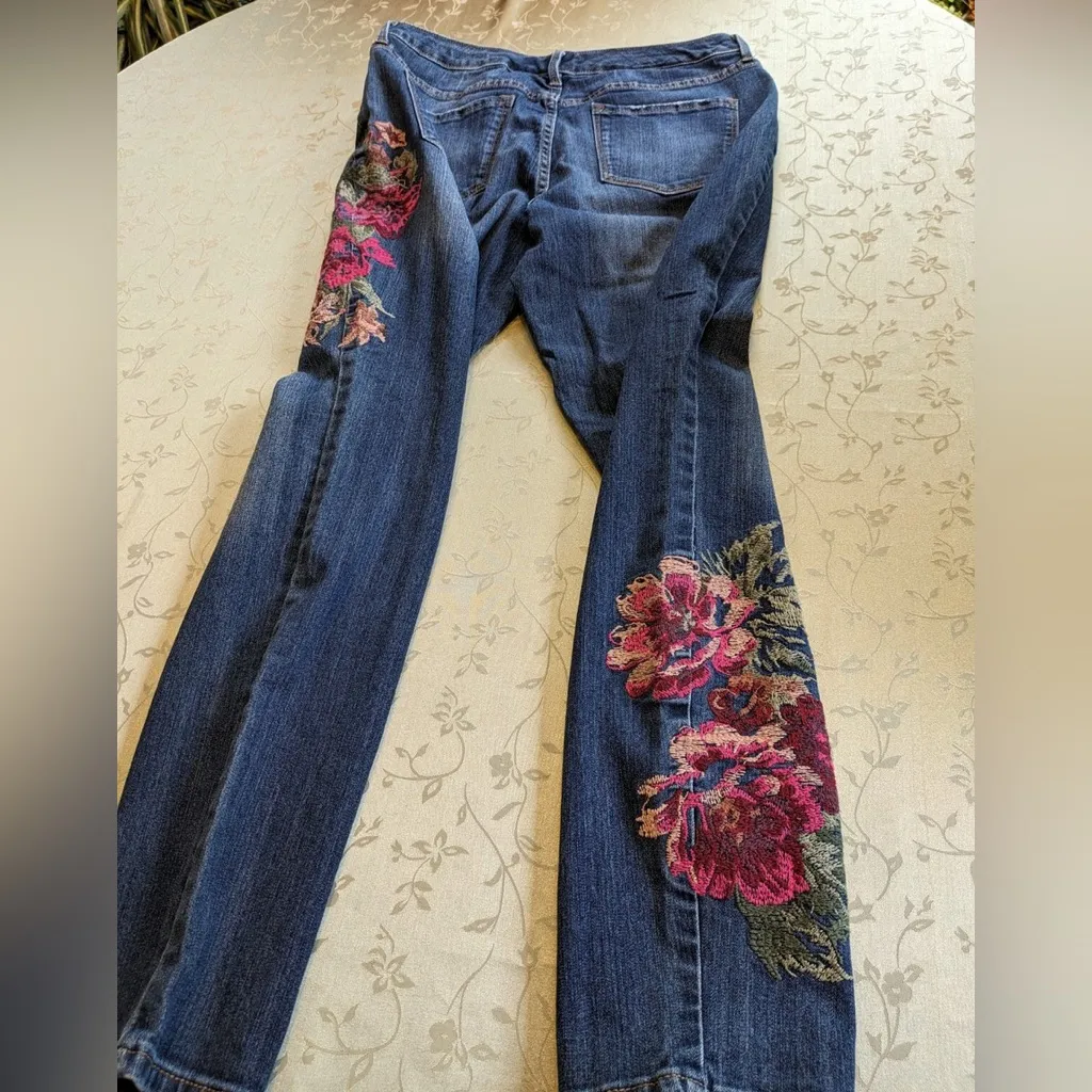 Nine West Gramercy Skinny Jeans Floral Embroidered Dark Wash Size 14 Boho Y2K - Image 6