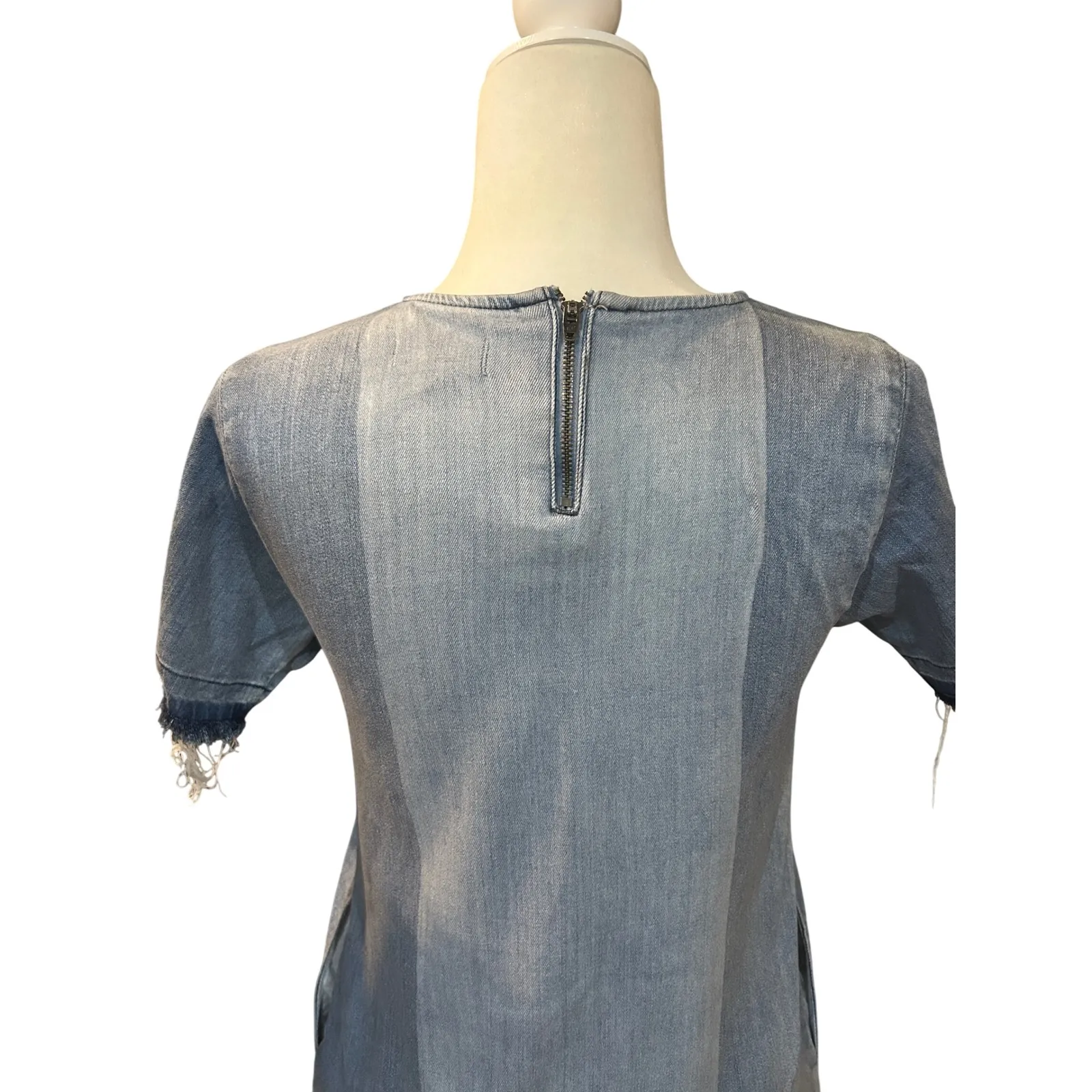 DL1961 Kiki Blue Coast‎ Denim Dress Raw Hem Short Sleeve Casual Mini Dress - Image 4