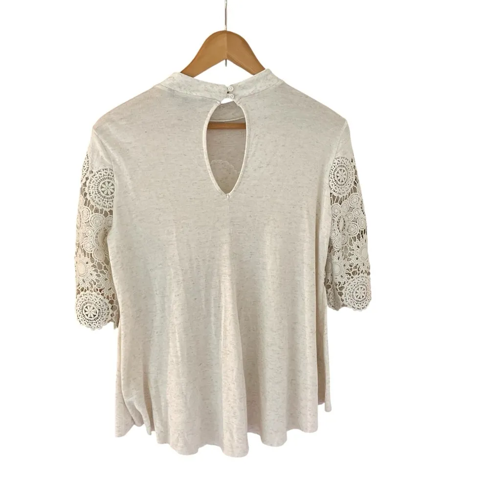 American Eagle Linen Blend Cottage Core Cream Crochet Overlay Keyhole Back Top - Image 2