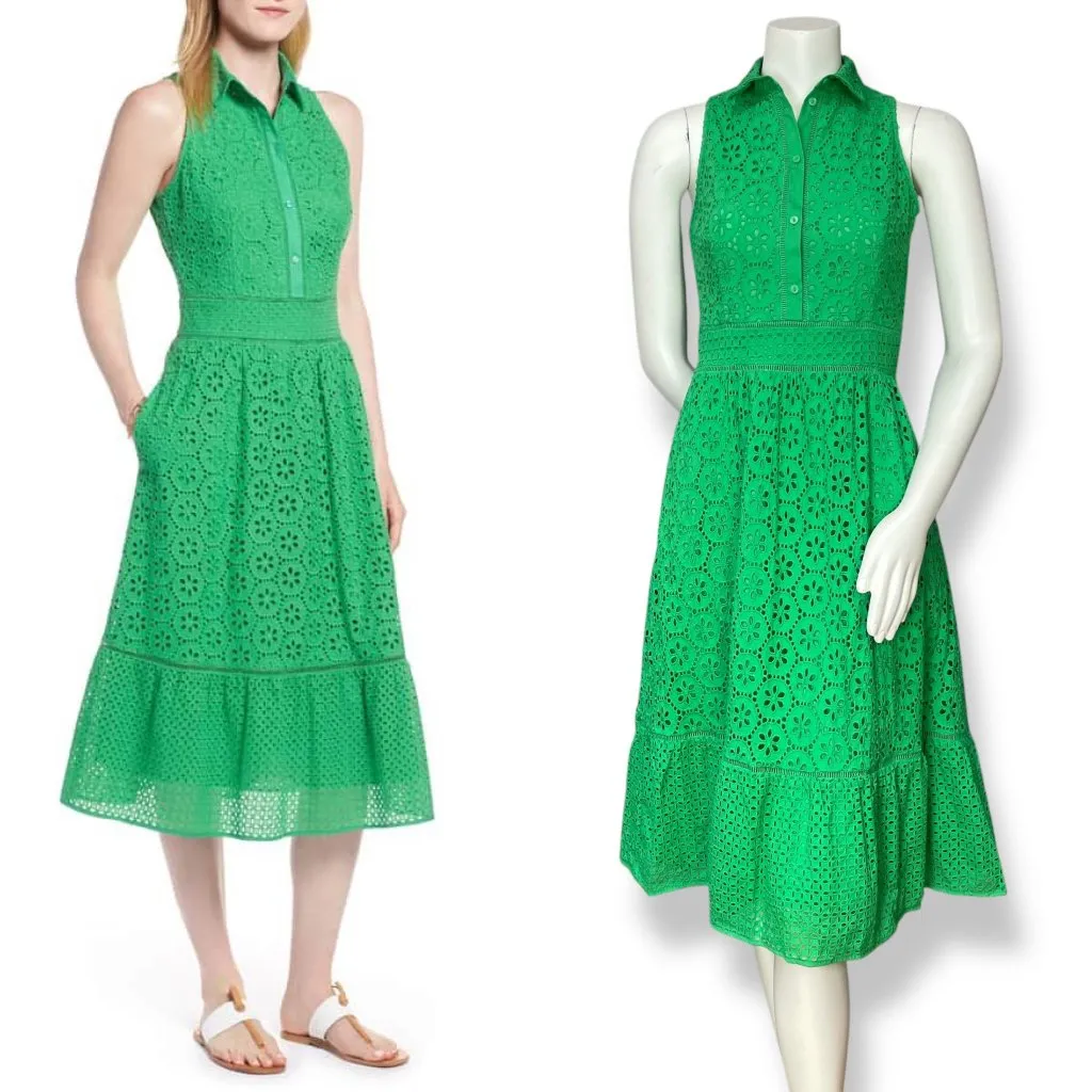 1901 Dress Cotton Eyelet Sleeveless Shirtdress Green Size 6 Petite Collar A-Line - Image 2