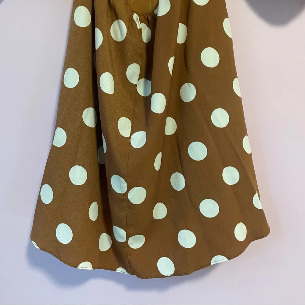 Dee Elly Brown Polka Dot Mini Dress Puff Sleeve Cut Out A Line Size Small - Image 9