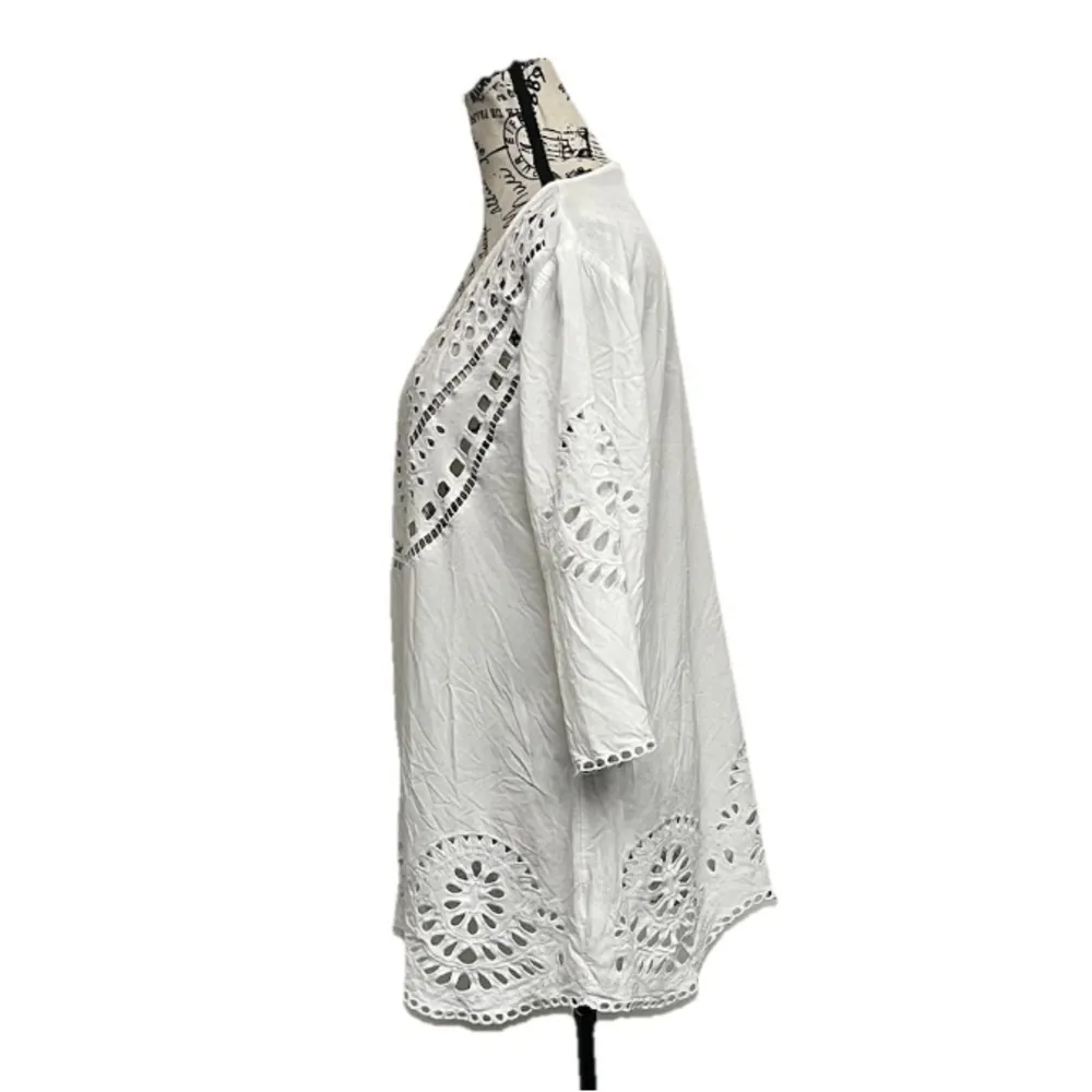 Solitaire Swim Ivory Eyelet Crochet Tunic Top M Sheer Boho Coastal Western - Image 4