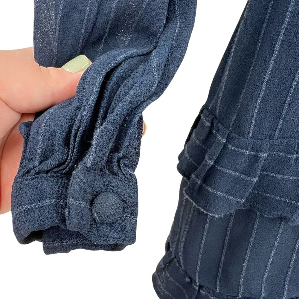 Maje Istra‎ Ruffled Crepe Playsuit Romper Long Sleeve Pinstripe Blue Size 34 XS - Image 8