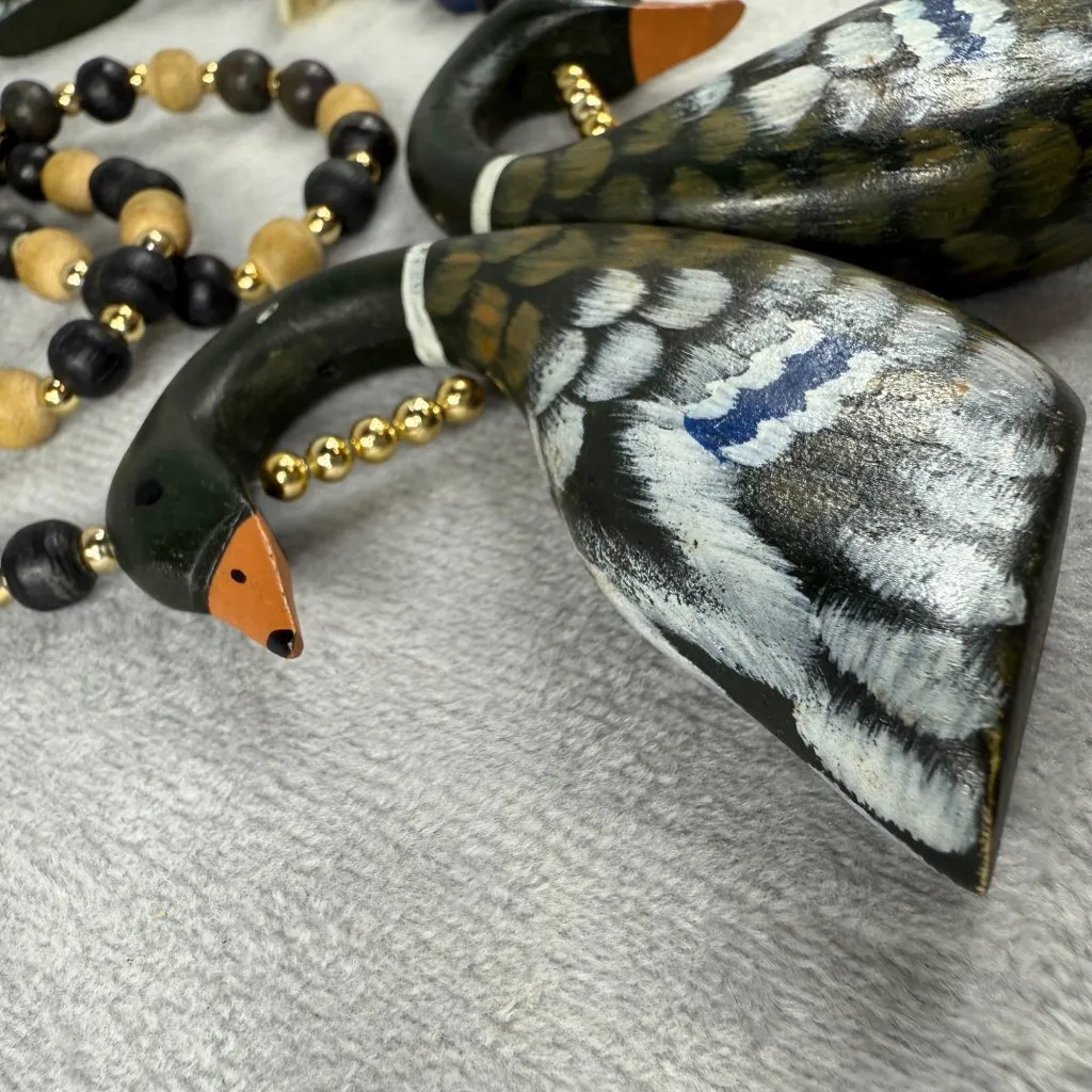 Wood Duck Geese Statement Necklace Beaded Shell Accents Hand Painted Vintage Black - Image 11