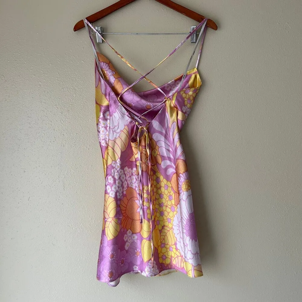 Design Pink Pop Floral Satin Cowl Neck Mini Dress Size Small - Image 9