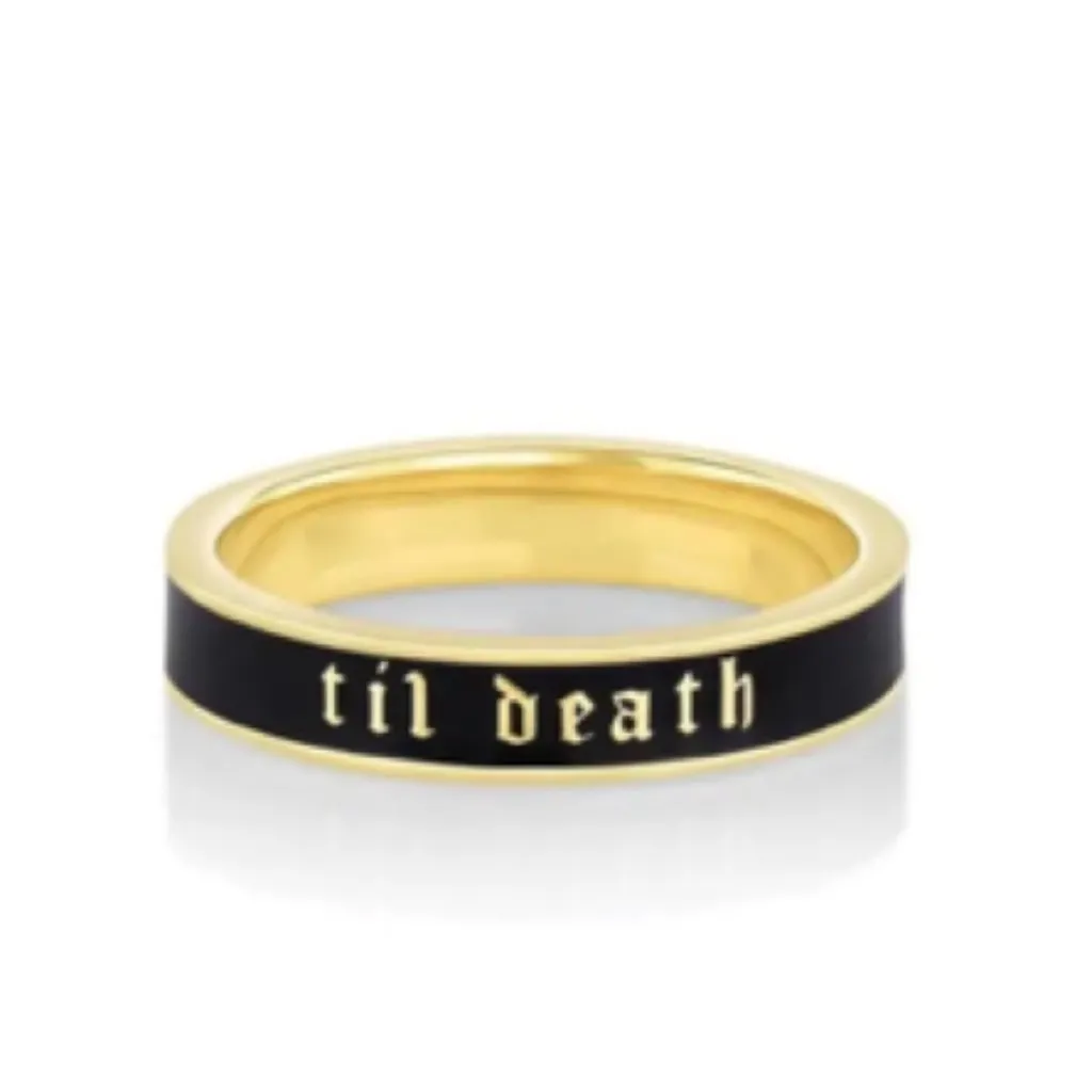 Gold & Black “’Til Death” Enamel Stackable Ring Size 7 Gothic Wedding Band - Image 3