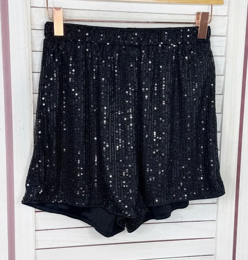 Sequin Elastic Waist Pull On Shorts Black Size Small Party Cocktail High Rise - Image 1