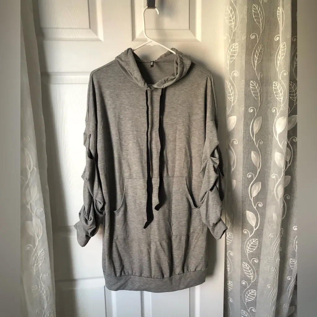 K Too Gray Hooded Sweatshirt with Ruched Sleeves long cover hip women size S - Image 2