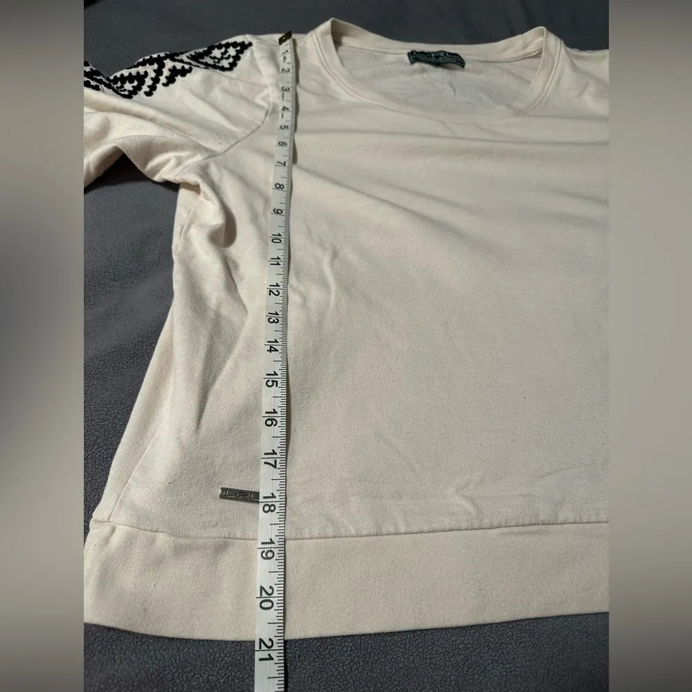 Cream Pullover with Aztec Embroidered Sleeves. LRL Women’s Pullover. Crew Neck. - Image 5