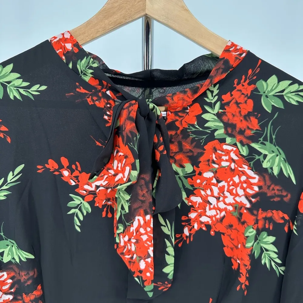 Black Red Floral Tie Bow Neck Maxi Long Dress Sheer Long Sleeve size 14 NWT - Image 4