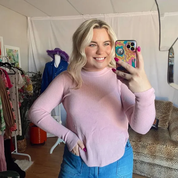 A.L.C. High Neck Long Sleeve Rib Knit Sweater Pink Size XS - Image 39