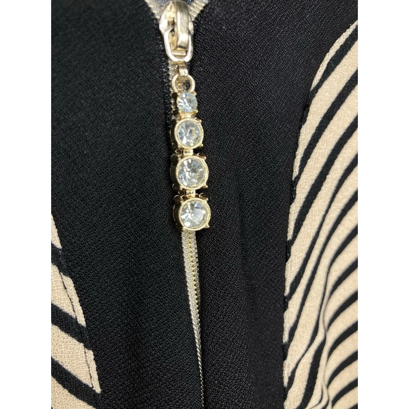 Vintage Rose Womens L Top SS Blouse Striped 1/4 Zip Jeweled Gold Black Tan Tunic Size L - Image 3