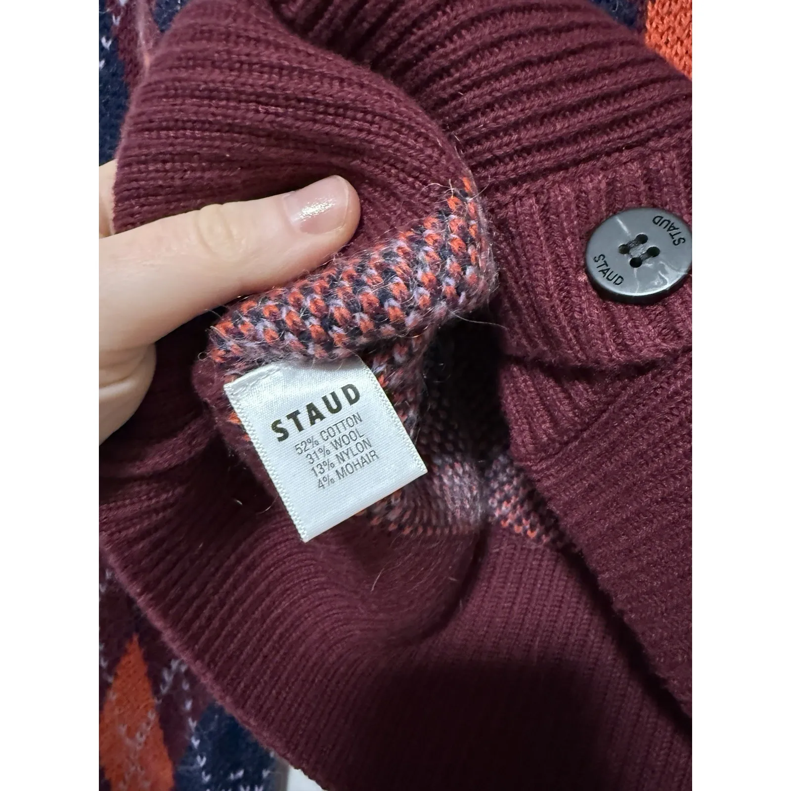 Staud NWT Knave Bordeaux Argyle Cardigan Sweater Size XS - Image 7