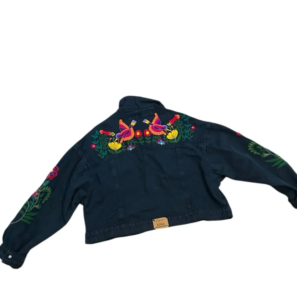 Intyka Bohemian Handmade Embroidered Denim Jacket with Floral Design Blue - Image 2