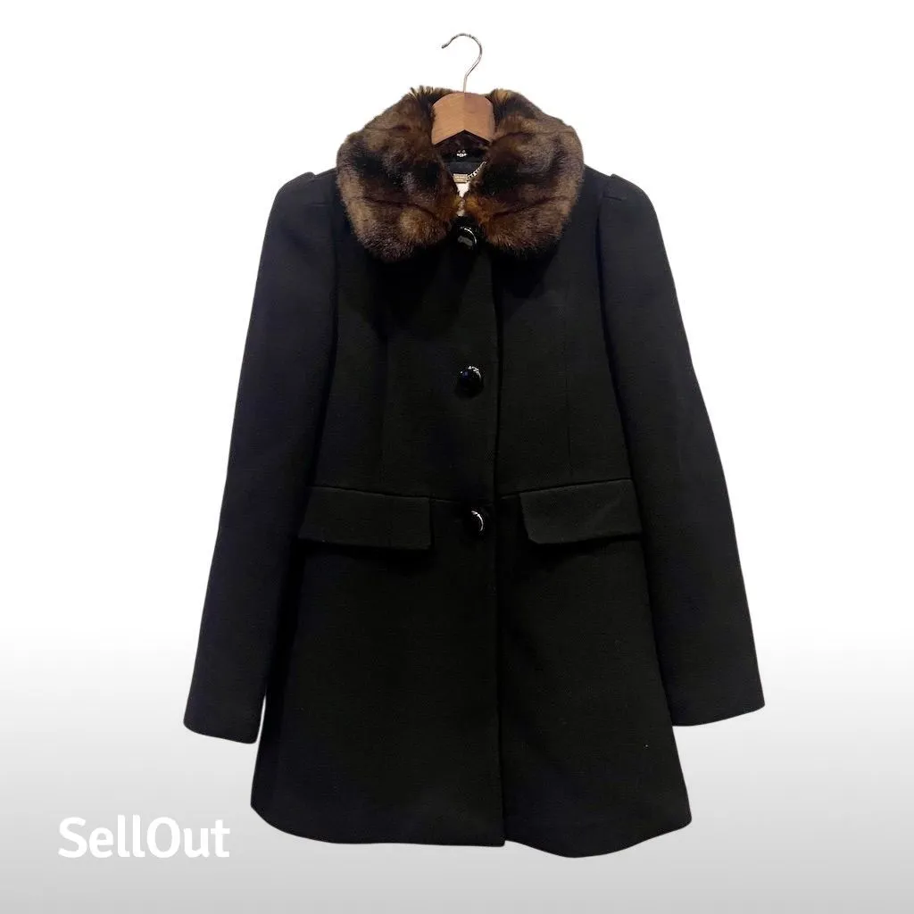 Kate Spade Women's Black Overcoat Faux Fur Collar Size S - Image 3
