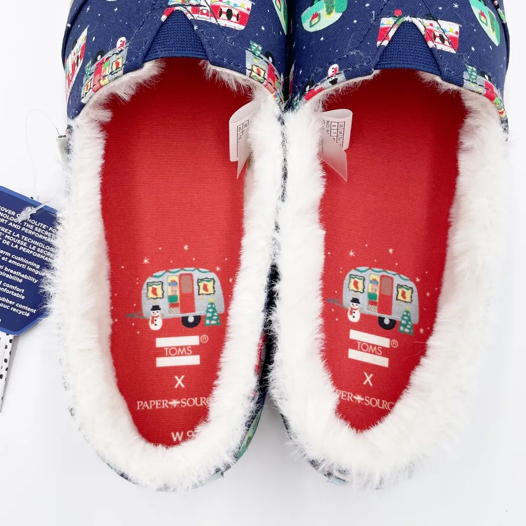 NEW Toms Navy Blue Paper Source Holiday Campers Print Size 9 Faux Fur Lining - Image 3