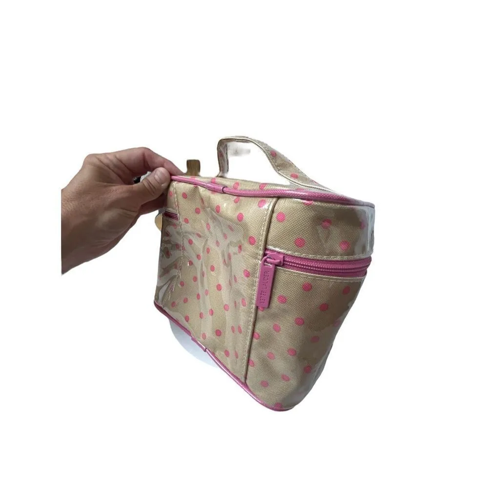 Estee Lauder Beige & Pink Polka Dot Makeup/Travel/Train Case with Zipper - Image 4