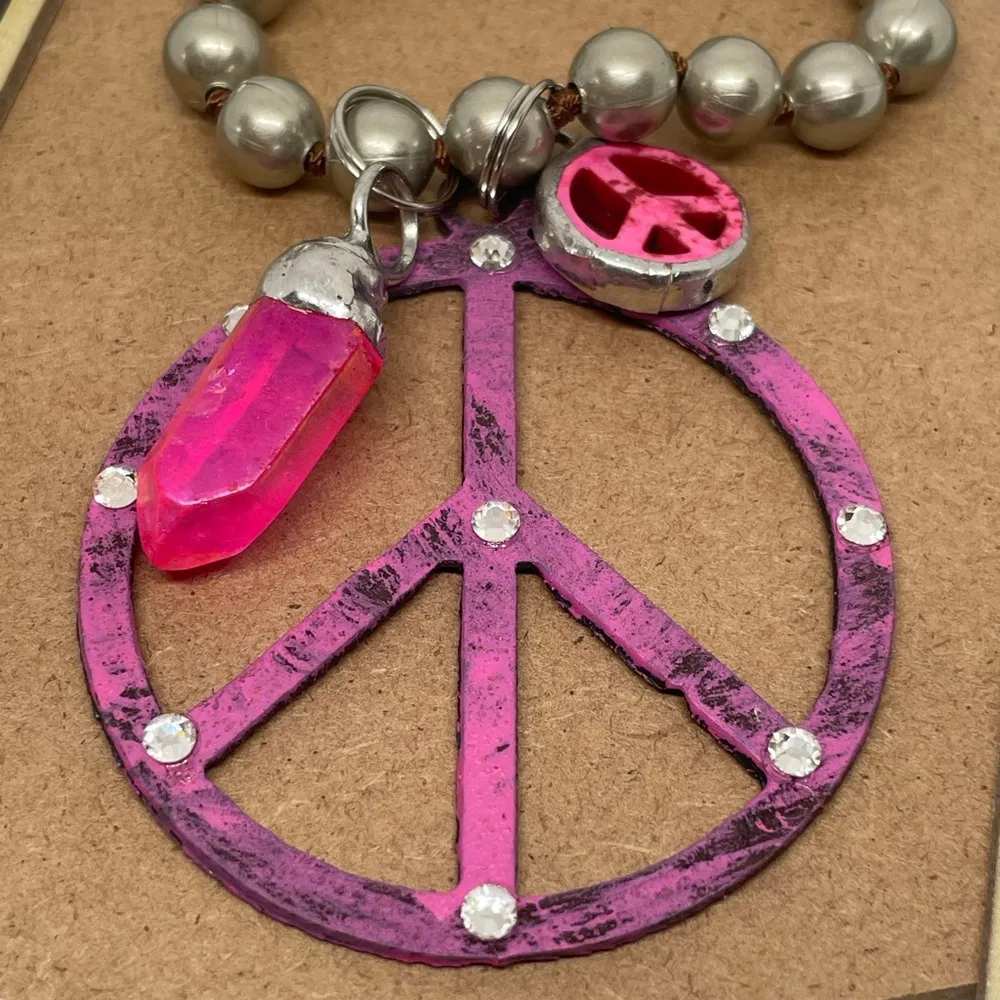 Pink Metal Peace Sign Necklace with charms on a 20” silver chain - Image 9