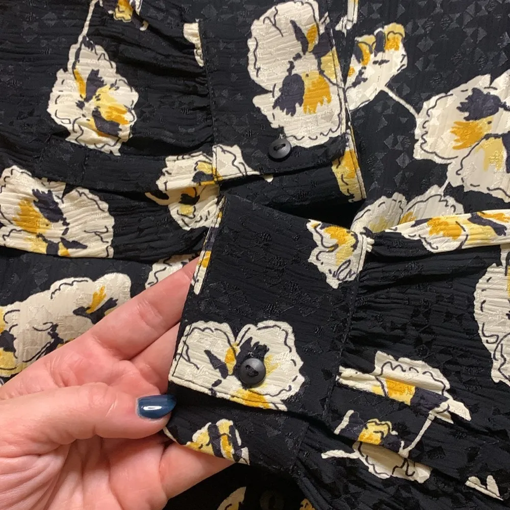 BA&SH Una Satin Jacquard Button Down Shirt in Black & Yellow Floral Print Medium - Image 13