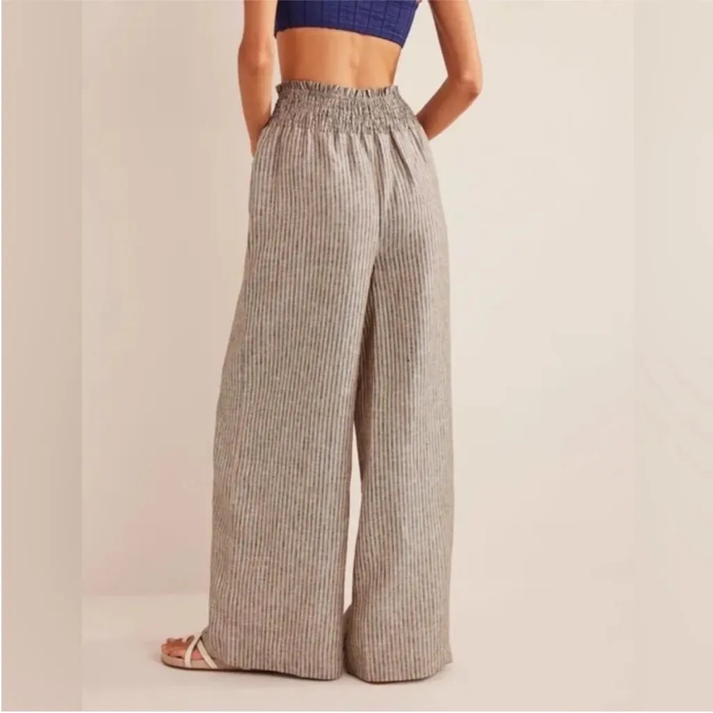 BODEN Linen Shirred Waist Trousers striped Sz 12 Tan - Image 4